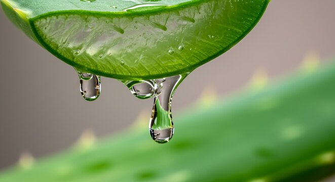 Fresh aloe vera dripping essence for natural skincare and wellness, promoting hydration and soothing relief in a vibrant green close-up - Powered by Adobe