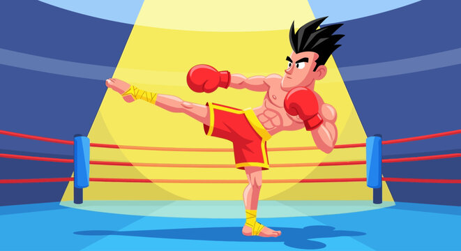 A cartoon male kickboxer with red gloves performs a high kick in a boxing ring under a spotlight.