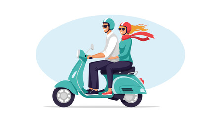 A happy couple enjoys a leisurely ride on a retro teal scooter, wearing helmets and sunglasses.