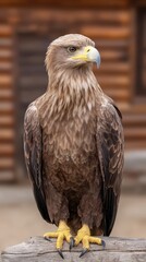 Obraz premium A majestic eagle stands proudly, showcasing its sharp features and striking plumage against a blurred wooden background.