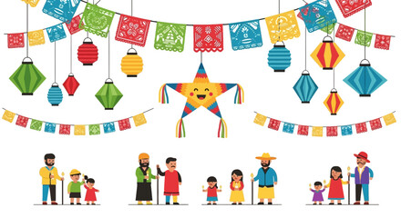 Festive scene with papel picado banners lanterns piñata  families holding candles © Donjuan Visual