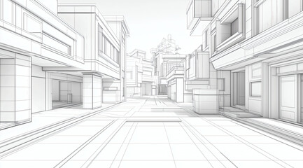 Minimalist wireframe city street, modern building facades, clean perspective and urban geometry for architectural illustration.