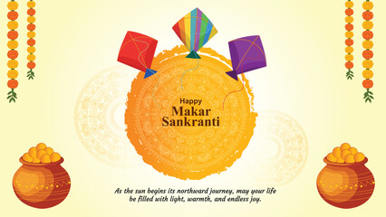 Happy Makar Sankranti festival with colorful kites and pots of sweets India vector