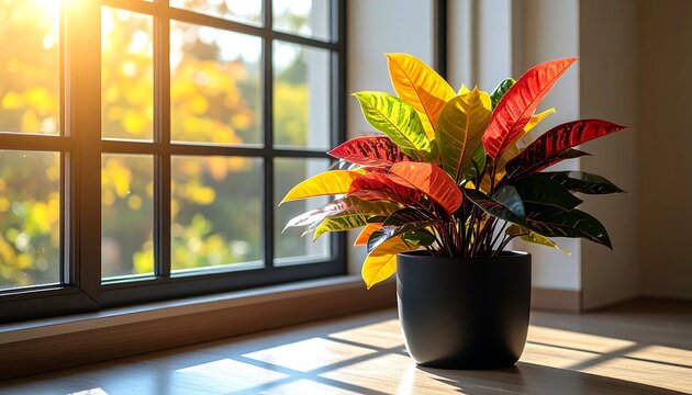 Vibrant Croton Plant by Window with Sunlight Shining, Home Decor, Interior, and Bright Colors.