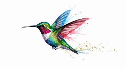Modern watercolor hummingbird in flight with vibrant paint splashes and golden glitter accents, a dynamic and artistic representation of nature's beauty