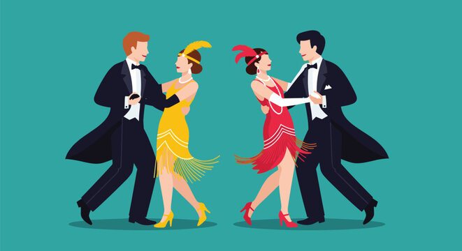 Two stylish couples in flapper dresses and tuxedos enjoying a vintage dance, evoking the elegance and fun of the roaring twenties.