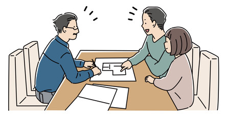 建築図面を見て打ち合わせをする設計士と夫婦_カラー