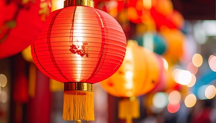 Naklejka premium Close-up of the traditional Chinese red lantern. Chinese New Year decoration for celebration.
