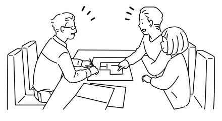 建築図面を見て打ち合わせをする設計士と夫婦_線画