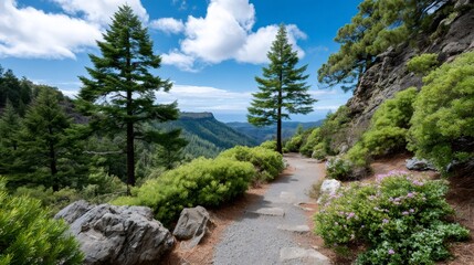 Obraz premium Hiking trail winding through mountain forest landscape