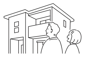 完成現場に足を運ぶ夫婦_線画