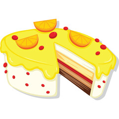 Delicious layered cake with yellow frosting topped with orange slices and red berries isolated on a transparent background a sweet dessert celebration food