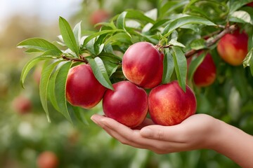 Obraz premium Hand holding organic nectarines picking from tree