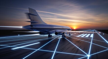 A sleek passenger jet prepares for takeoff on a runway at sunset, illuminated with glowing lines.