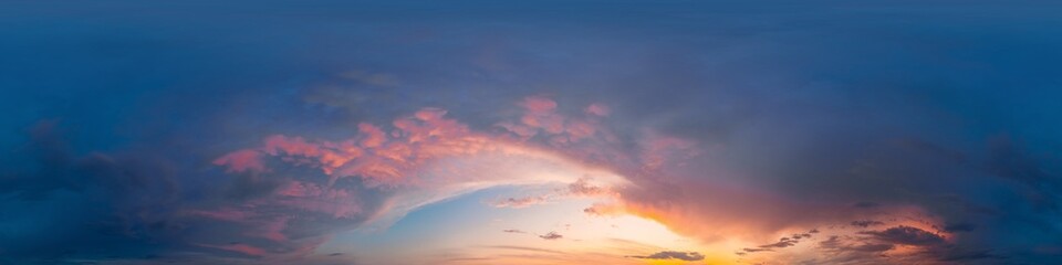 Sunset sky with bright glowing pink Cumulus clouds. Seamless spherical HDR 360 panorama. Full zenith or sky dome in 3D, sky replacement for aerial drone panoramas. Climate and weather change.
