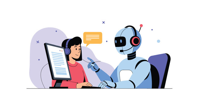 Human agent in a headset collaborates with a friendly AI chatbot robot on a computer, representing digital customer support and smart assistant technology.