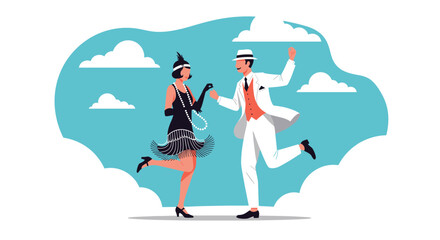 Fototapeta premium A cheerful couple in vintage 1920s flapper and dapper outfits joyfully dances against a whimsical blue sky with white clouds, celebrating the era.