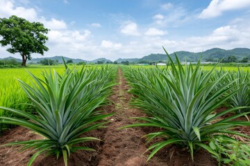 Pineapple plants growing in a tropical farm field