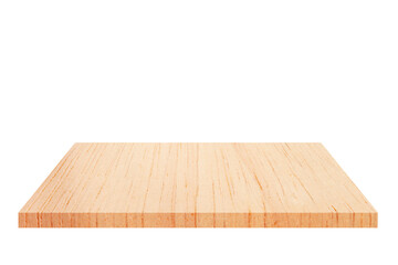 Empty Light Brown Wooden Table Top or Shelf Isolated on White Background.