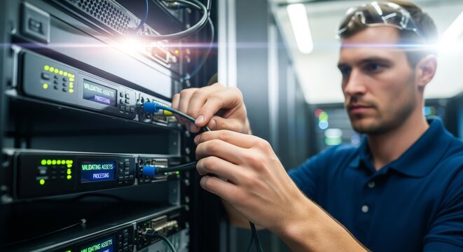 A technician meticulously connecting cables within a server rack, focusing on network infrastructure. - Powered by Adobe