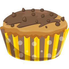 Delicious Chocolate Chip Muffin with Brown Frosting and Yellow Polka Dot Wrapper Detailed Illustration on Transparent Background