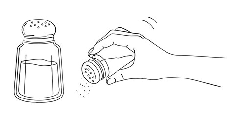 ソルトシェイカーで塩を振る手の線画イラストセット,調味料,料理,キッチン,ベクター