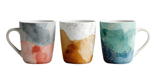 Three ceramic mugs with watercolor and gold accents in a row