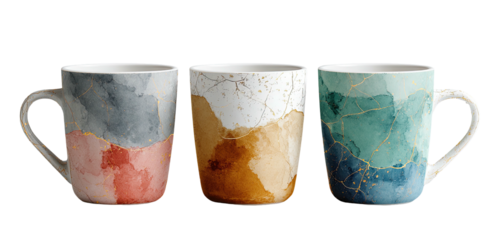 Three ceramic mugs with watercolor and gold accents in a row