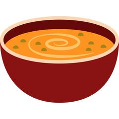 Delicious Creamy Tomato Soup in a Dark Red Bowl with Swirl Pattern and Green Peas Isolated on White Background
