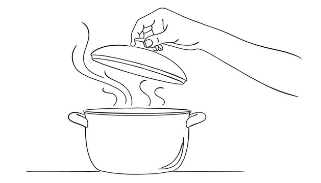 鍋の蓋を開ける手の線画イラスト,湯気,調理,料理,キッチン,煮る,ベクター