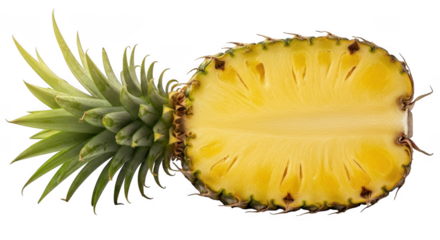Pineapple cut in half with vibrant yellow flesh and green crown