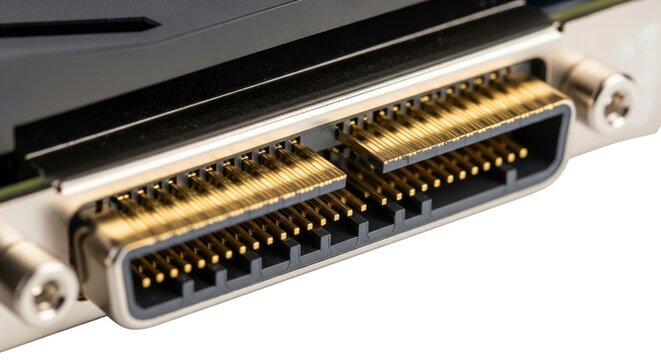Close-up of a computer component showing a gold-plated connector with multiple pins, focused on detail.
