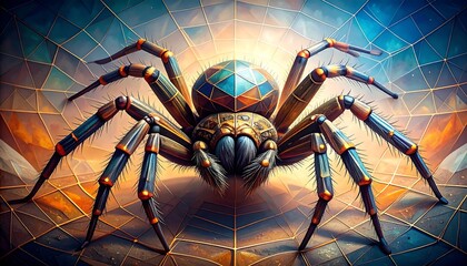 A colorful arachnid centered against an abstract web and brilliant sky