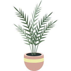 Pixelated potted palm plant with green fronds in a pink and yellow striped ceramic pot with a transparent background ideal for digital design and illustration.