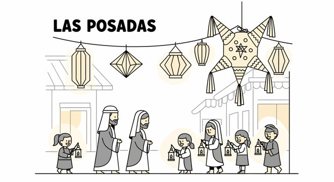 Las Posadas illustration shows people with lanterns under decorations