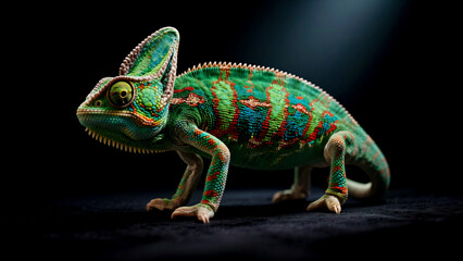 Fototapeta premium Horned Chameleon Illuminated by Spotlight in Dark Studio Background