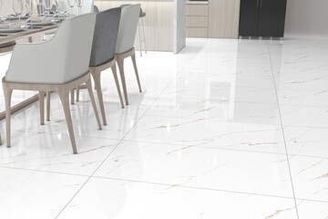 Contemporary dining area interior with quartz tabletop and glossy white marble color on floor. 3D Illustrations. Mockup. 3D Rendering