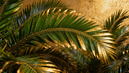 Fototapeta premium Close-up of green palm leaves with golden light reflection
