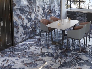 Classic dining setup with tiled walls and on floor, warm lighting, and floral centerpiece, six chair with tabletop. 3D Illustrations. Mockup. 3D Rendering