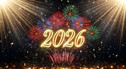 Stunning golden glowing 2026 numbers surrounded by intense celebratory fireworks explosions and falling metallic streamers