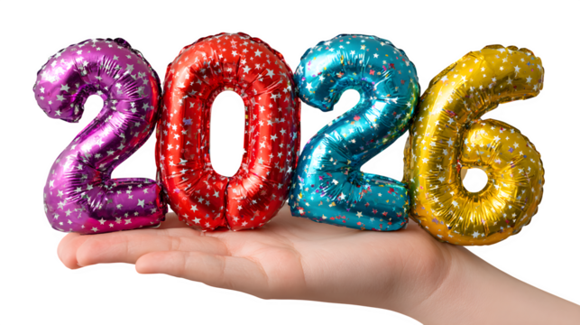 Hand holding colorful 2026 foil balloon isolated on white background
