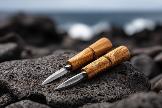 Hawaii Volcano Heritage concept. Two knives resting on a rocky surface by the ocean.