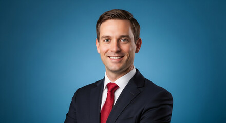 Confident professional man in a dark suit and red tie smiling warmly against a vibrant blue background, embodying success and trustworthiness for corporate needs.