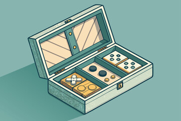 High-angle close-up, open video game box, vibrant components, detailed, realistic, studio light, isolated, digital art, sharp focus, compelling.