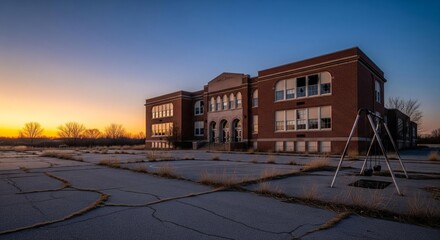 An abandoned brick school building stands under a colorful sunset sky, with cracked pavement.