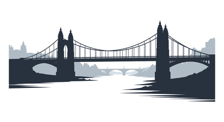 Iconic suspension bridge spanning a river with distant city skyline in a striking silhouette style