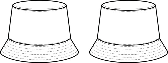Bucket hat technical fashion flat front and back with topstitch brim minimal blank template for apparel mockup, cad drawing flat vector illustration © Khaleda Creative