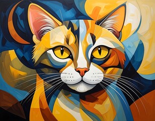Geometric portrait of a cat with intense yellow eyes and colorful fur