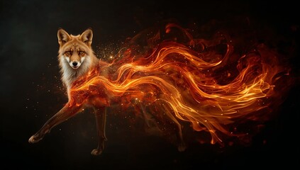 Fox to Flame Spirit Triptych — Graceful abstract metamorphosis of a fox transforming into flowing ribbons of firelight, elegant elemental wallpaper.