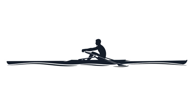 Single scull rower in action during a race captured in a striking black and white silhouette against a clean white background